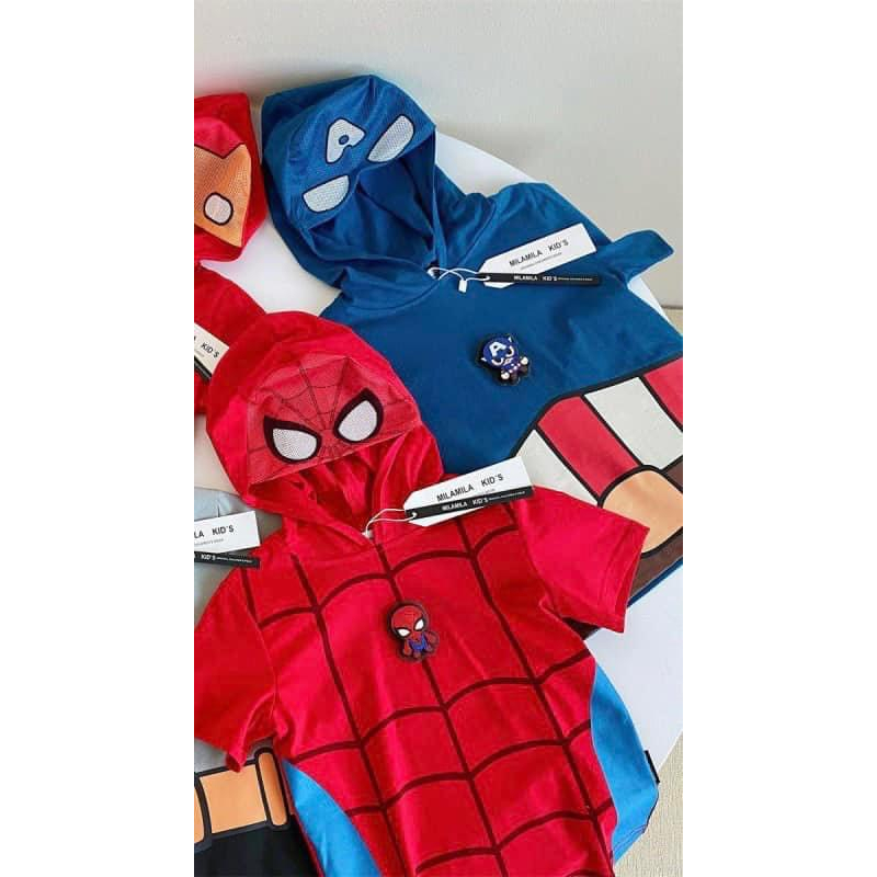 Set 2 áo nhện avenger có mũ chất cotton cộc tay cho bé trai