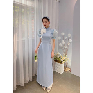 Áo dài AZALY truyền thống nữ lụa tây thi tay bồng phối tơ đính hoa thời trang cao cấp hàng may sẵn