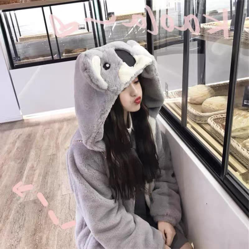 Áo khoác lông gấu màu xám, áo khoác lông mũ gấu thêu MOSSSHOPUNISEX - Áo khoác lông cừu ulzzang phong cách hàn quốc