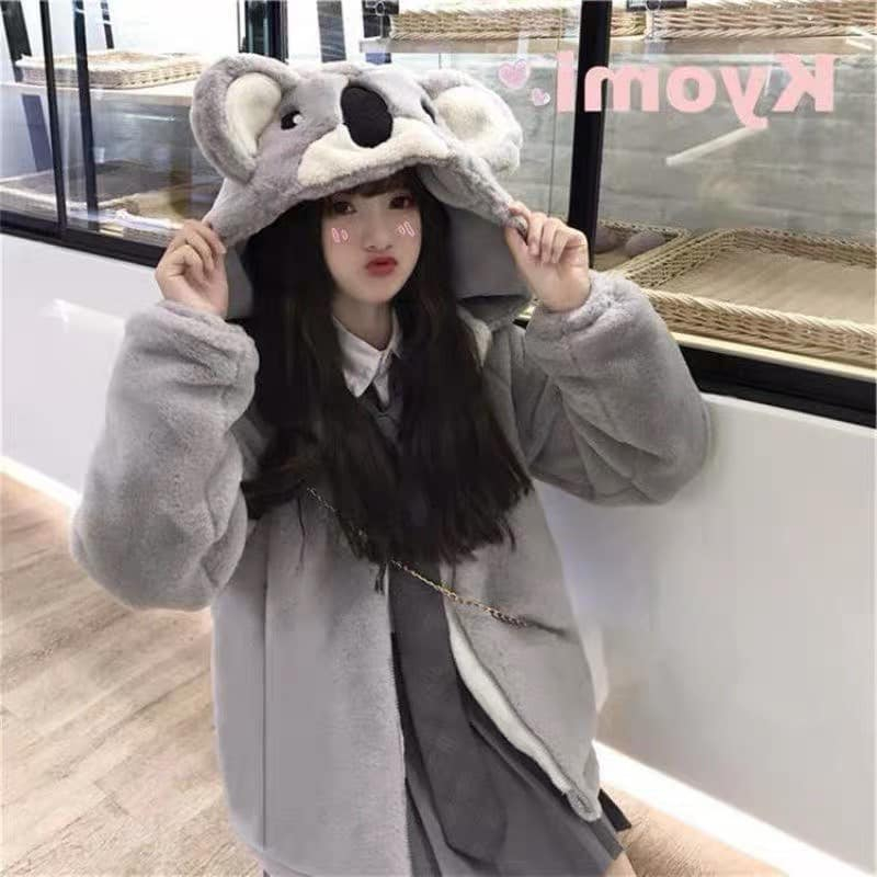 Áo khoác lông gấu màu xám, áo khoác lông mũ gấu thêu MOSSSHOPUNISEX - Áo khoác lông cừu ulzzang phong cách hàn quốc