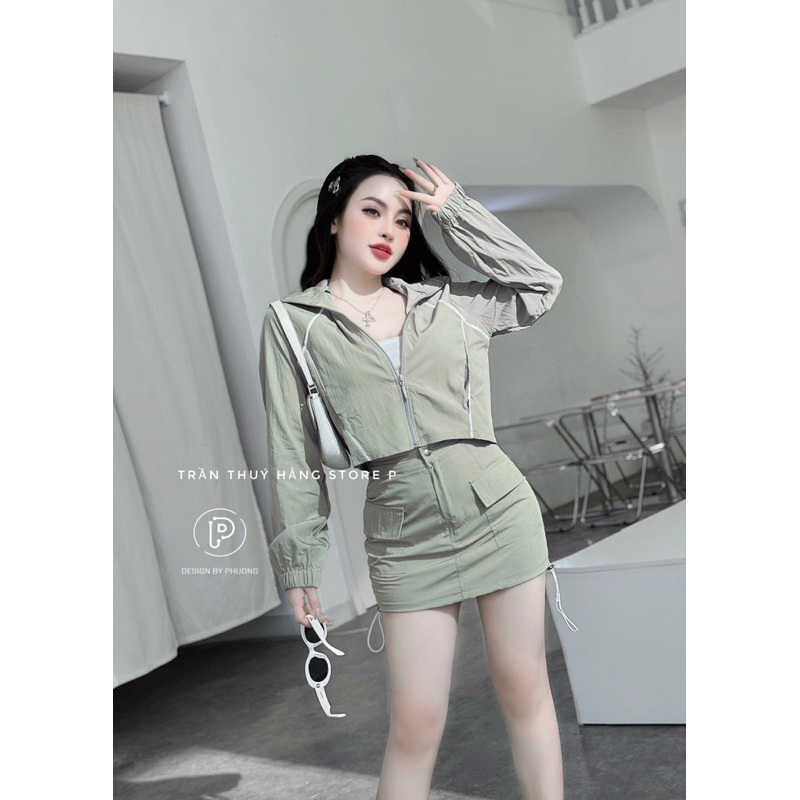 SET CHÂN VÁY NGẮN ÁO KHOÁC GIÓ VIỀN TAY DÀI