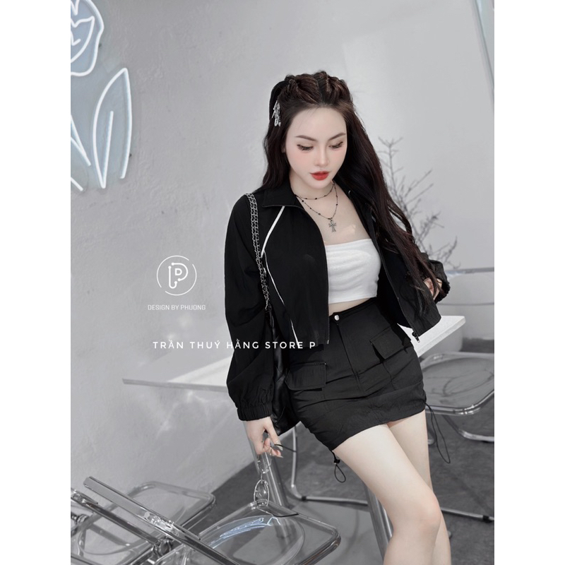 SET CHÂN VÁY NGẮN ÁO KHOÁC GIÓ VIỀN TAY DÀI