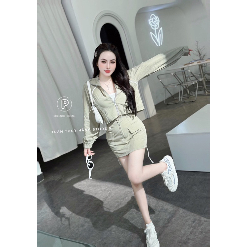 SET CHÂN VÁY NGẮN ÁO KHOÁC GIÓ VIỀN TAY DÀI