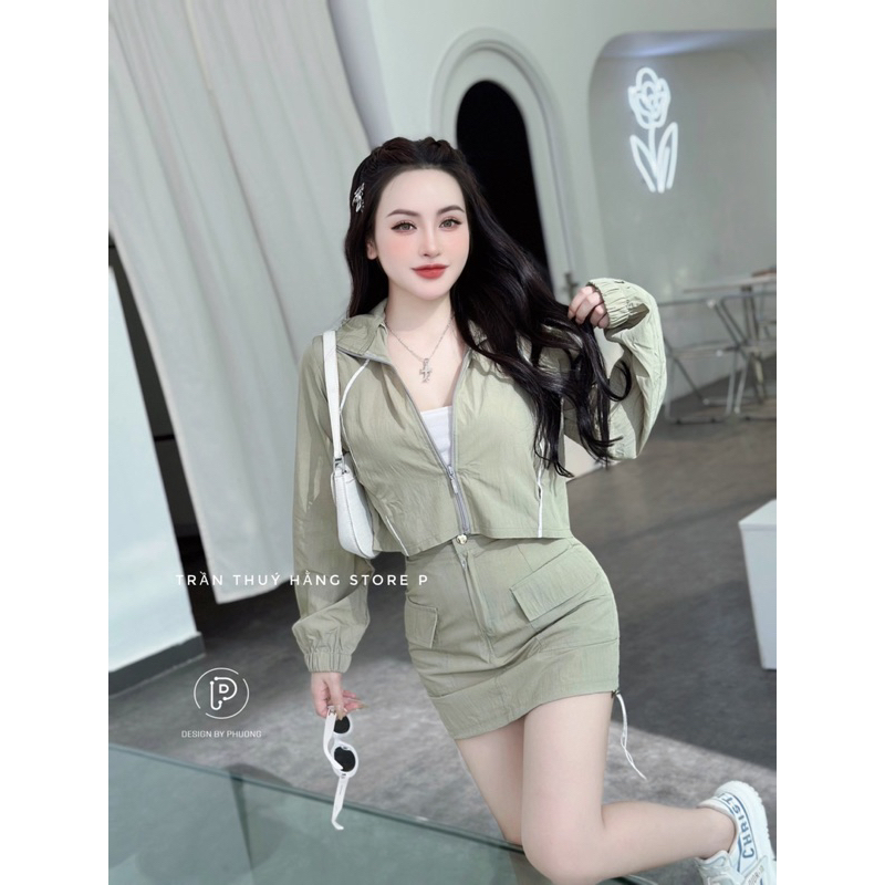 SET CHÂN VÁY NGẮN ÁO KHOÁC GIÓ VIỀN TAY DÀI