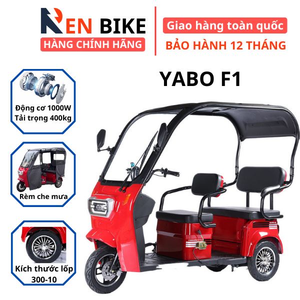 Xe điện 3 bánh YABO F1, Xe điện 3 bánh cho người già, người khuyết tật, Có rèm che mưa, khung thép, BH 12 tháng