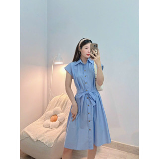 ĐẦM SƠ MI THIẾT KẾ NÚT DỌC PHỐI KIỂU DÂY NƠ BUỘC EO-Hình shop chụp thật
