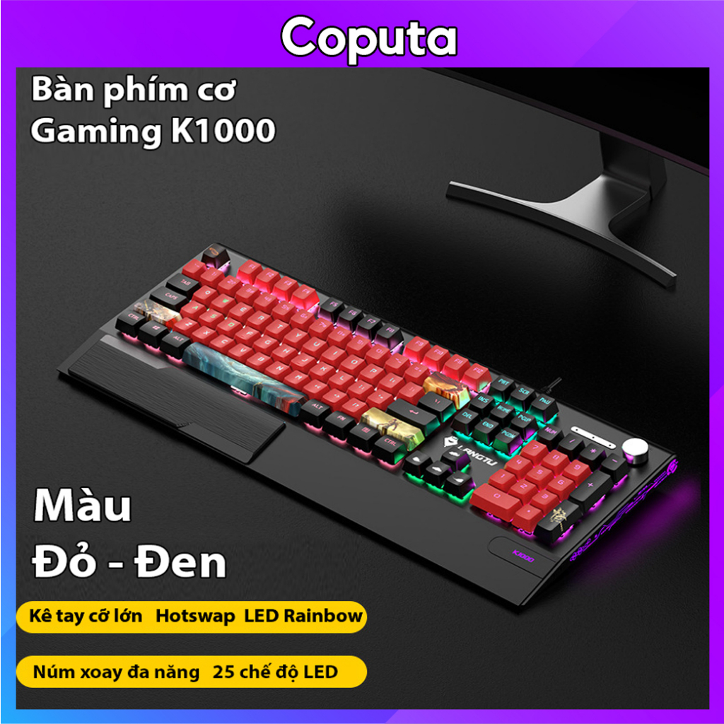 Bàn phím cơ Coputa bàn phím gaming chơi game máy tính có dây LED 25 chế độ Rainbow Langtu K1000