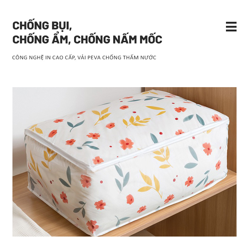 Túi Vải Đựng Quần Áo, Chăn Màn, Hộp Đựng Quần Áo Đồ Dùng Đa Năng Hoa Nhí Có Khóa Kéo Chống Bụi, Chống Thấm Nước Tiện Lợi