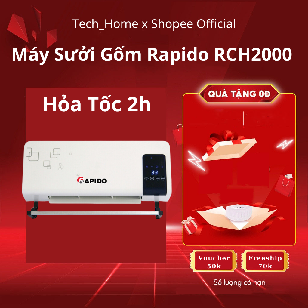 Máy sưởi gốm Rapido RCH2000D 2000W công nghệ sưởi PTC Ceramic nhanh, tiết kiệm điện, bảo hành 12 tháng