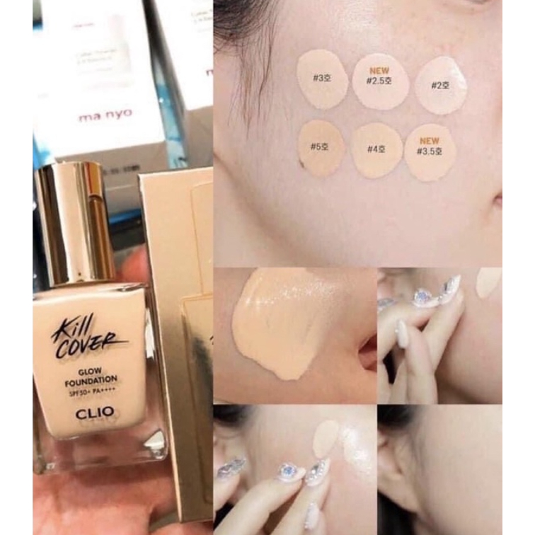 Set Kem Nền Tặng Cọ CLIO Kill Cover Glow Foundation SPF50 PA++++ 38g