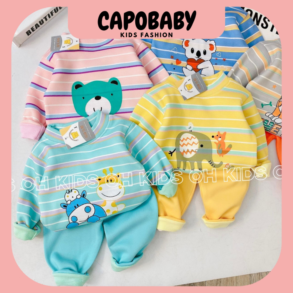 Bộ Dài tay nỉ lót lông in động vật Bé Trai, Bé Gái, Bộ Dài Tay Thu Đông Cho Bé