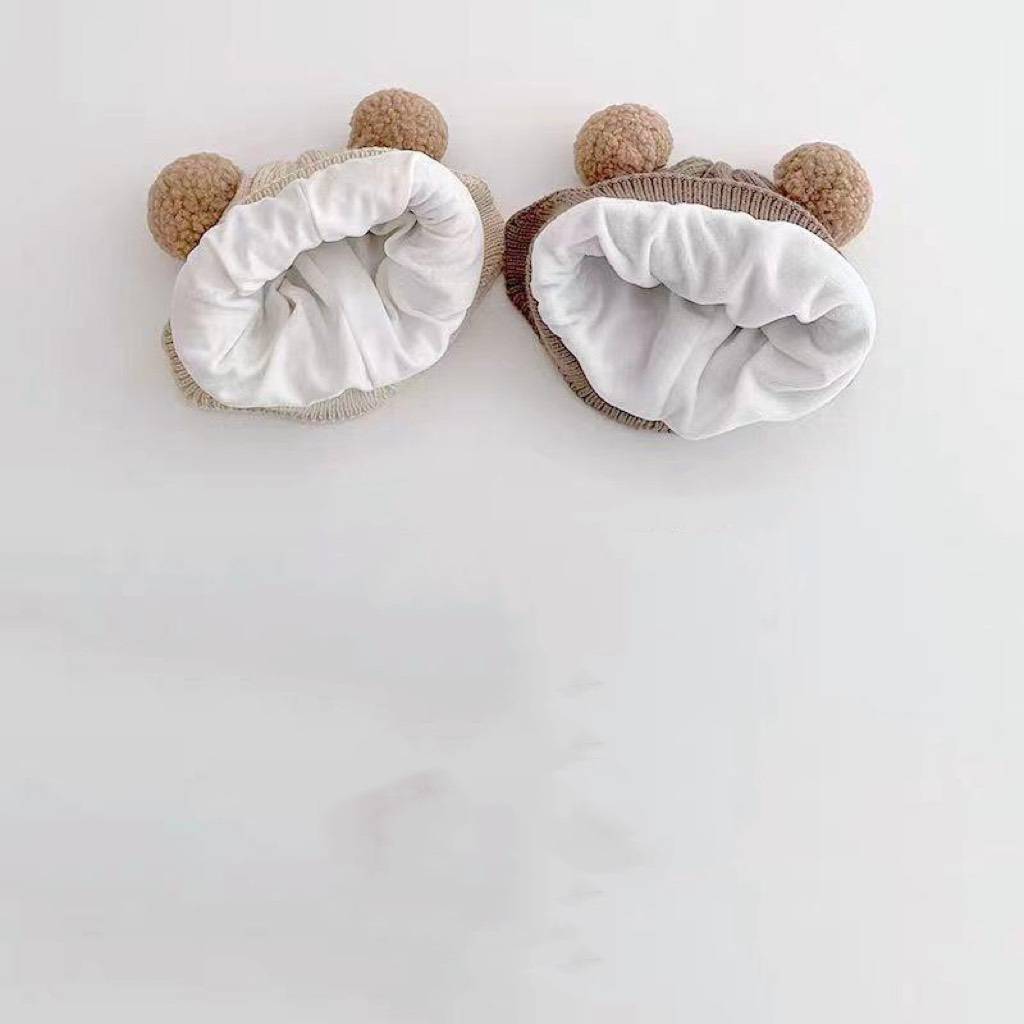 Nón len cho bé chùm tai có thêu  hình gấu hai quả bông ấm áp dễ thương từ 5 tháng đến 3 tuổi