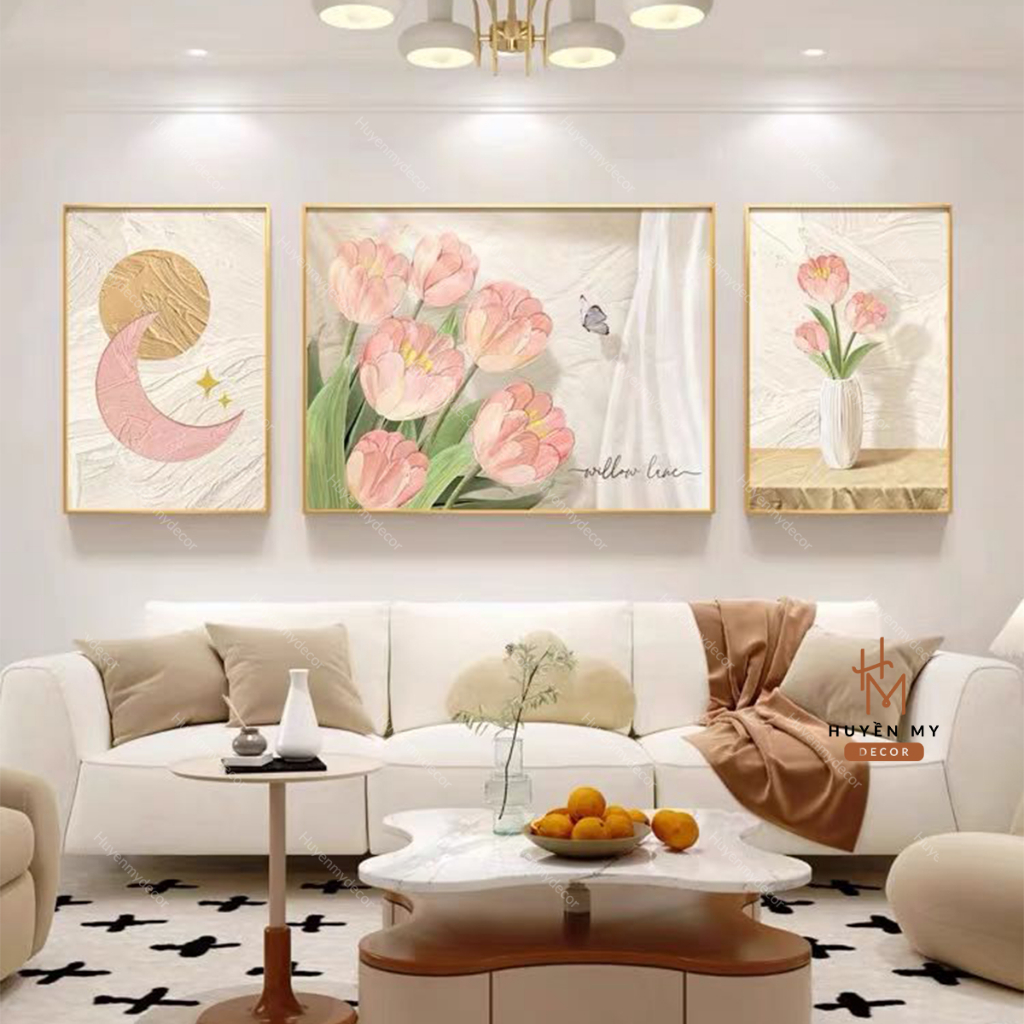 Bộ 3 Tranh Tráng Gương Hoa Lá Nghệ Thuật Decor  Phòng Khách, Phòng Ngủ, Salon; Spa