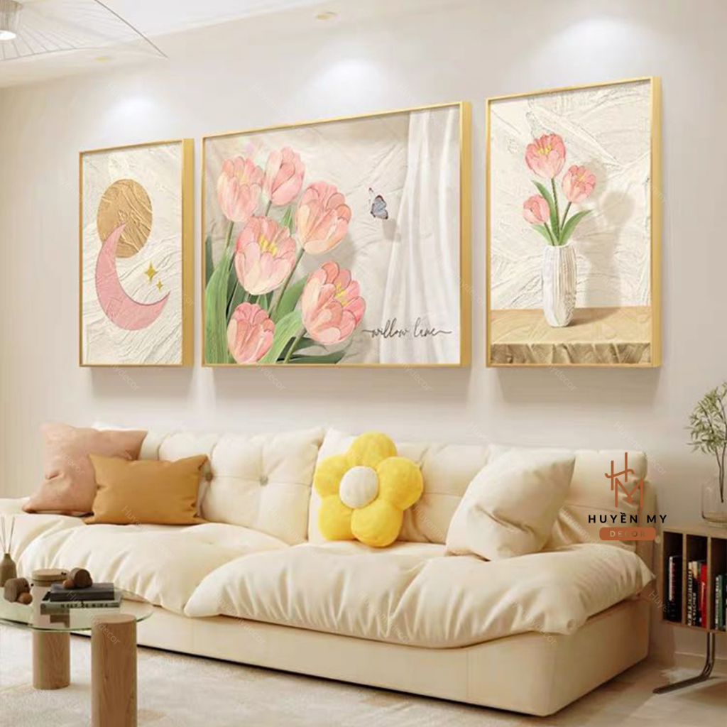Bộ 3 Tranh Tráng Gương Hoa Lá Nghệ Thuật Decor  Phòng Khách, Phòng Ngủ, Salon; Spa