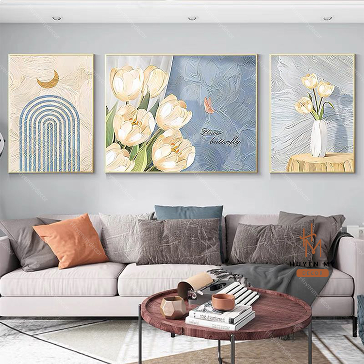 Bộ 3 Tranh Tráng Gương Hoa Lá Nghệ Thuật Decor  Phòng Khách, Phòng Ngủ, Salon; Spa