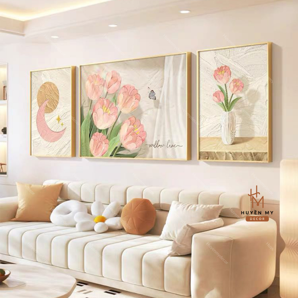 Bộ 3 Tranh Tráng Gương Hoa Lá Nghệ Thuật Decor  Phòng Khách, Phòng Ngủ, Salon; Spa