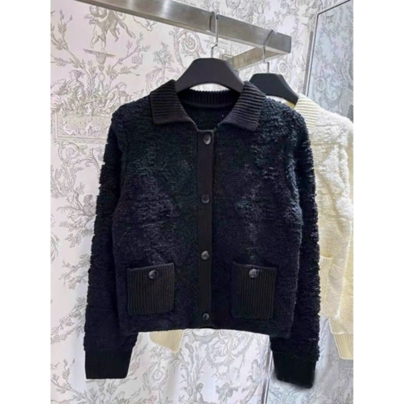 Hàng nhập - Áo khoác len nữ tay dài cổ bẻ viền bo gân, áo kiểu cardigan Quảng Châu gân hình thoi