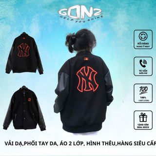 Áo Khoác Bomber MLB Nam Nữ Phối Tay Da, Áo Varsity Jacket Bóng Chày NY Chất Dạ Logo Thêu Cao Cấp