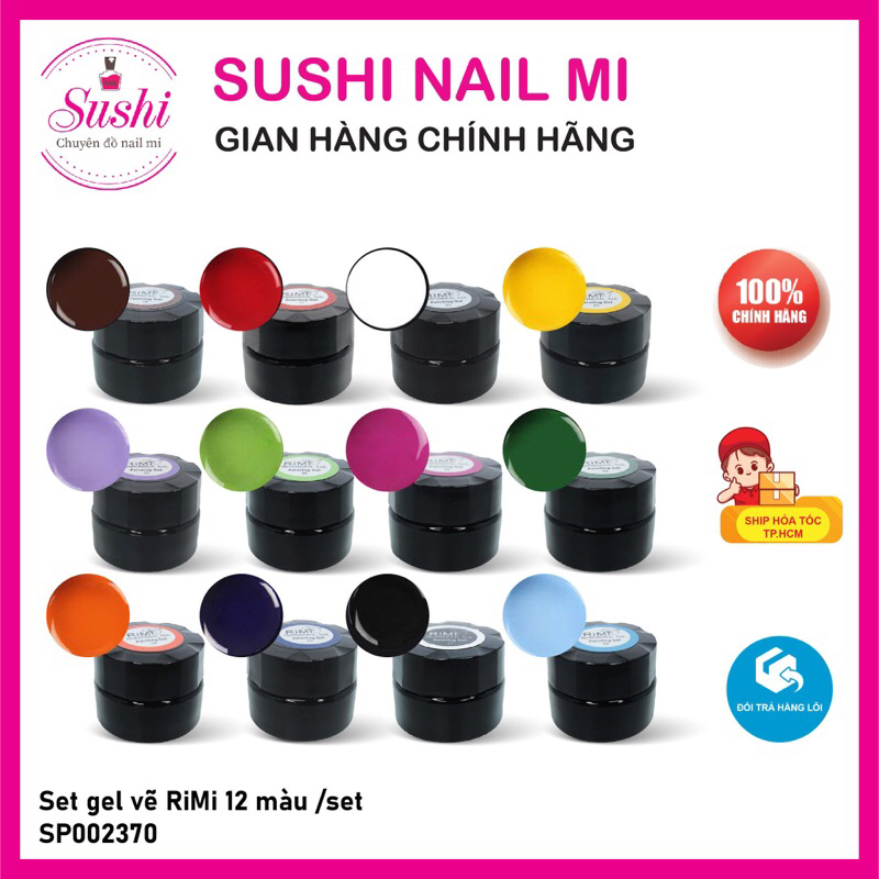 Set gel vẽ 12 màu Rimi, vẽ hoạt hình, design móng  - Sushi nail mi