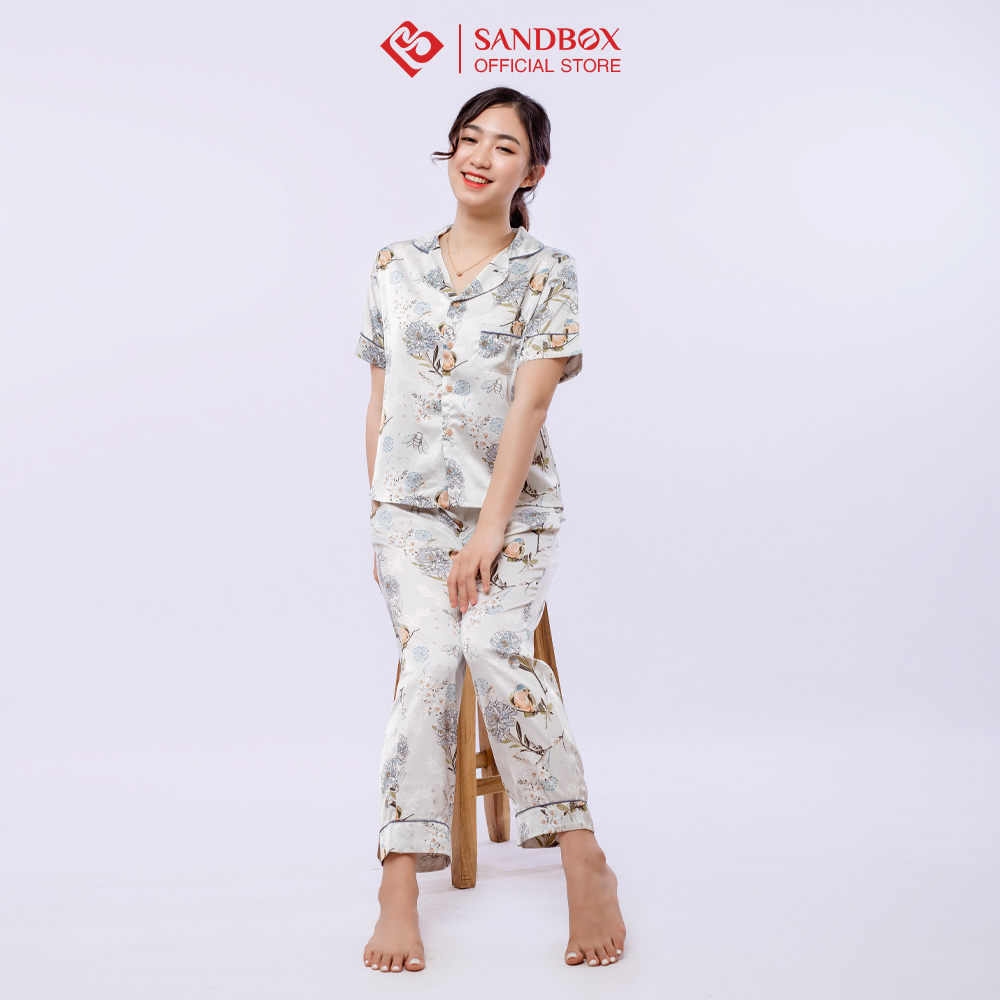 Bộ Pijama Mặc Nhà SANDBOX Tay Ngắn, Quần Dài Chất Liệu Lụa Satin Nhật Cao Cấp Mềm Mịn