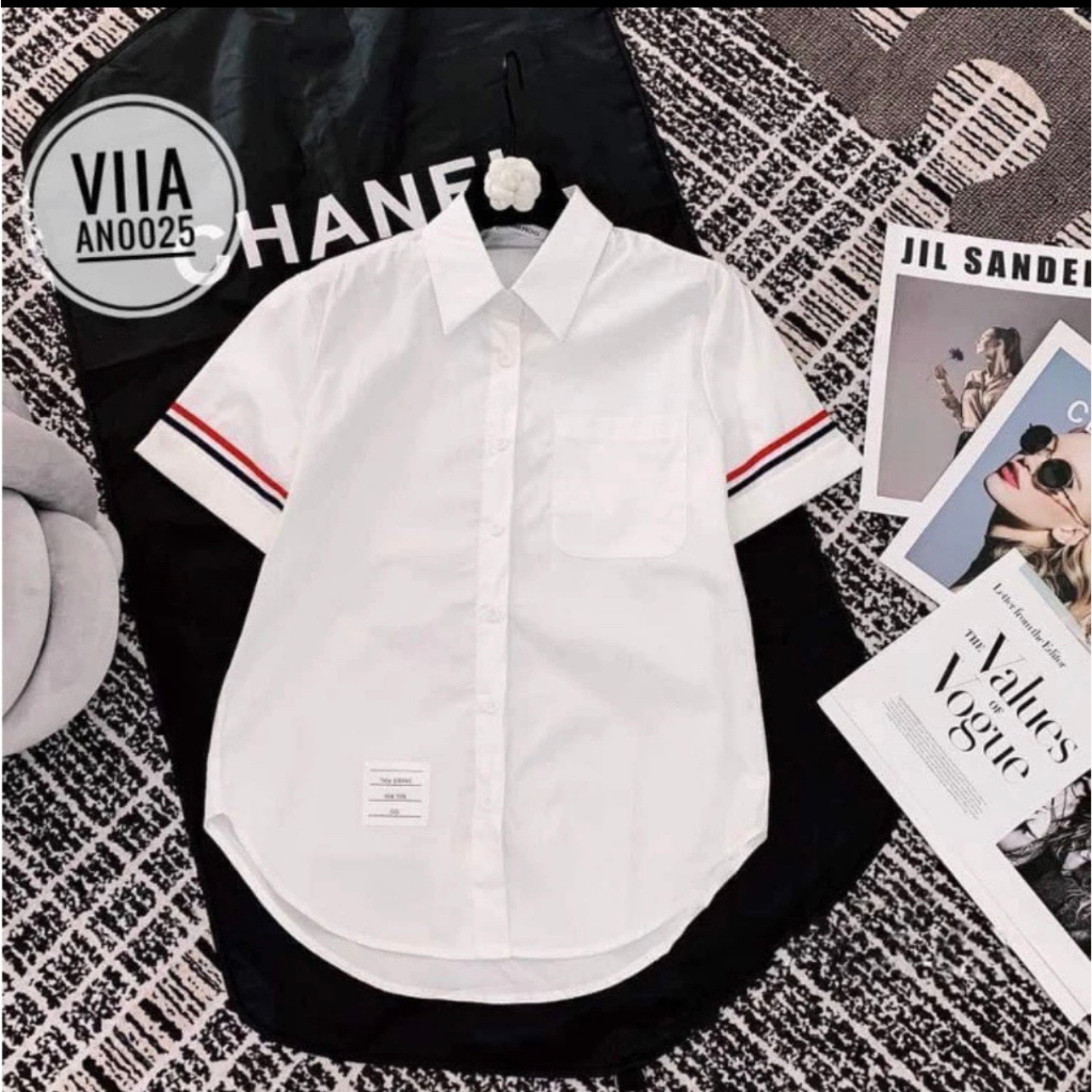 Áo Sơ Mi Thom Browne Trắng Ngắn Tay Vải Cotton Lụa Cao Cấp Mẫu Hot 2023