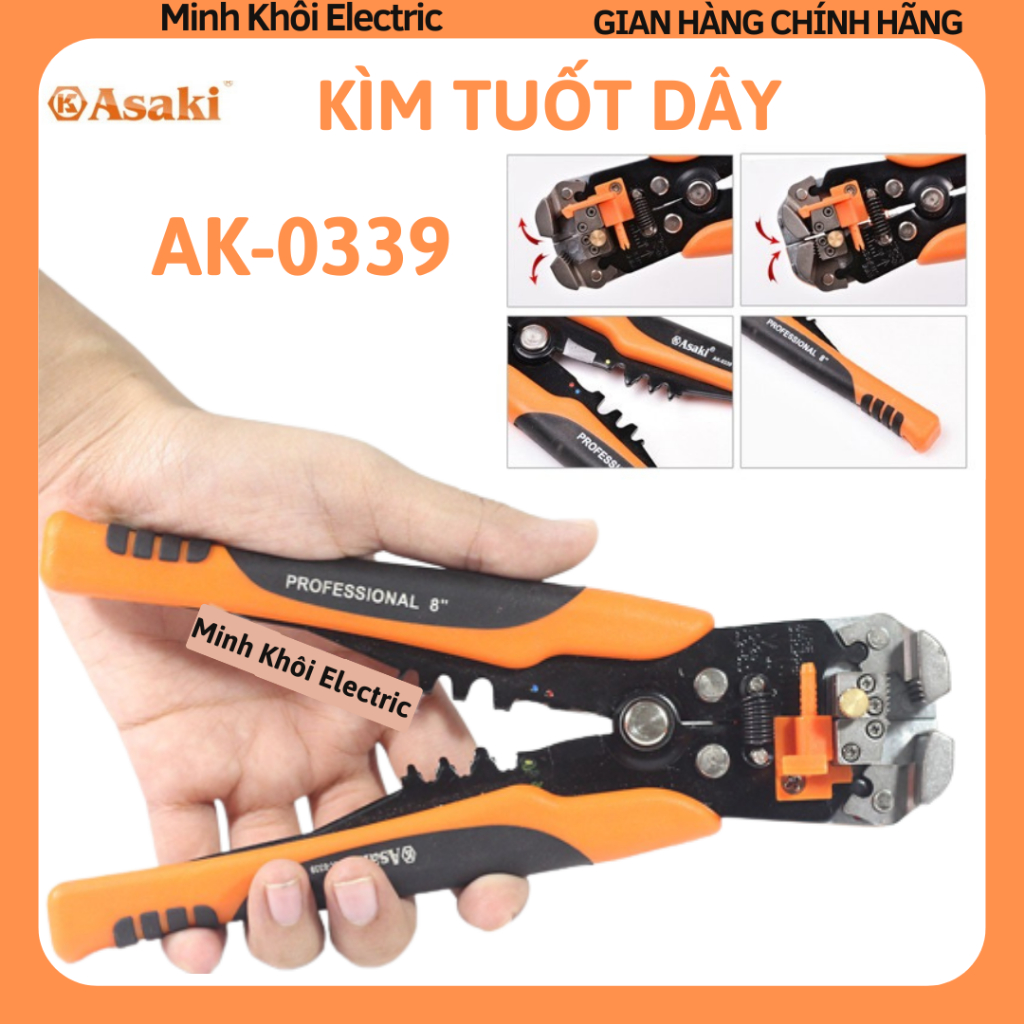 Kìm tuốt dây Asaki AK-0339,kìm bấm cos asaki đa năng,kềm tuốt dây điện đa năng,kìm cắt cáp điện bấm cốt,kìm bấm cốt,kìm