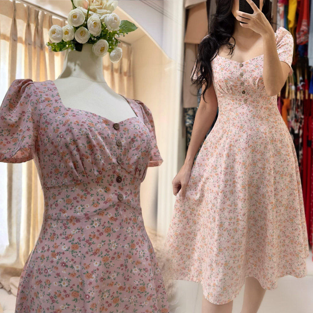 Đầm cổ vuông tay loe, phối nẹp eo cao, tùng 8 mảnh _ D2.808