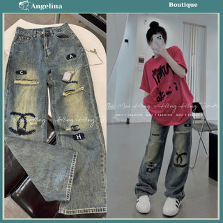 Quần bò ống rộng nữ rách nhẹ, quần jean nữ ống suông thêu logo cực hot