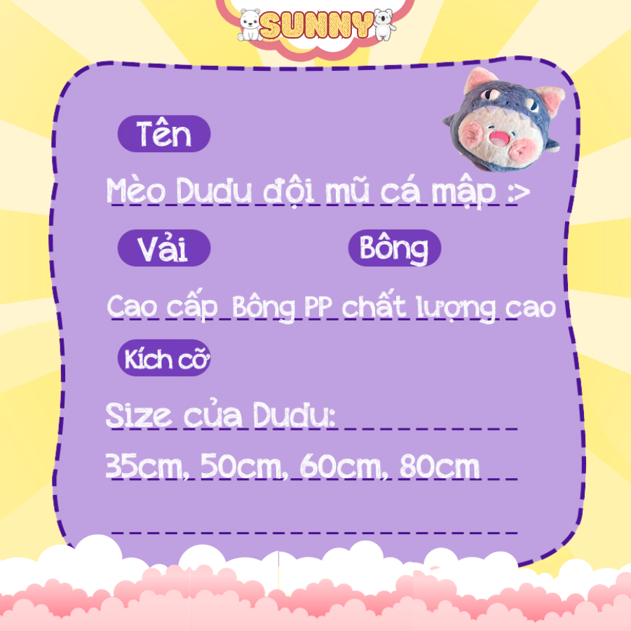 Gấu mèo Dudu đội mũ Cá Mập siêu xinh tặng kèm giấy nhận nuôi, gấu bông chính hãng cao cấp  Sunny