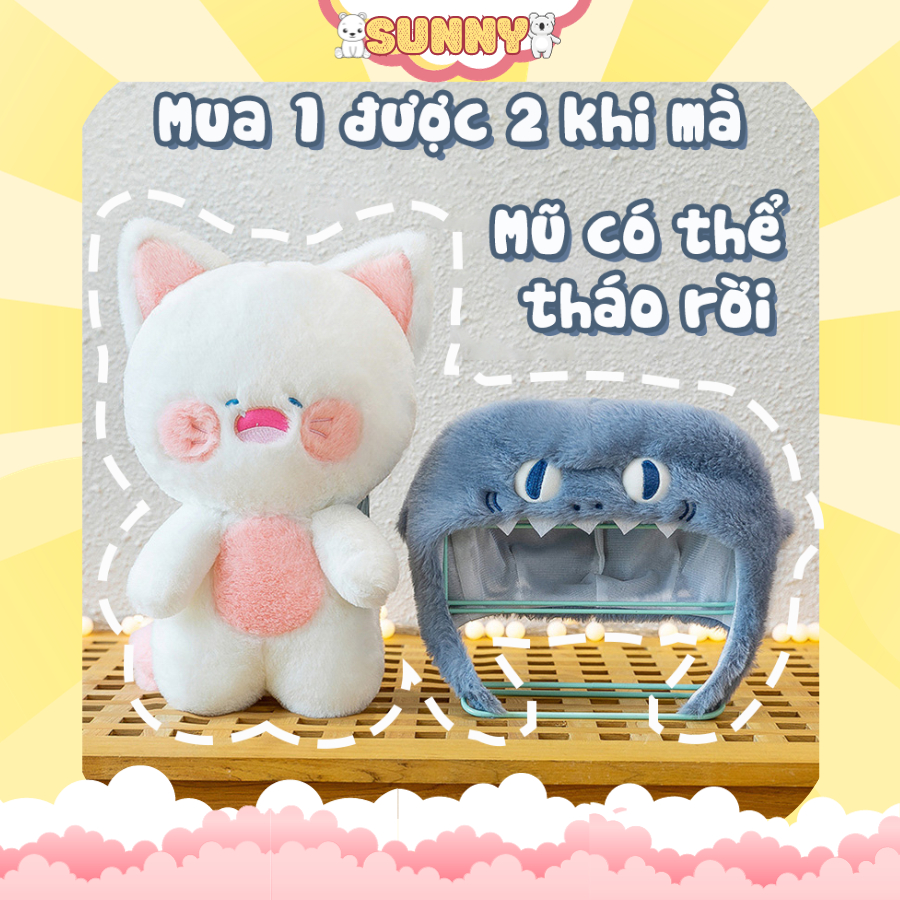 Gấu mèo Dudu đội mũ Cá Mập siêu xinh tặng kèm giấy nhận nuôi, gấu bông chính hãng cao cấp  Sunny