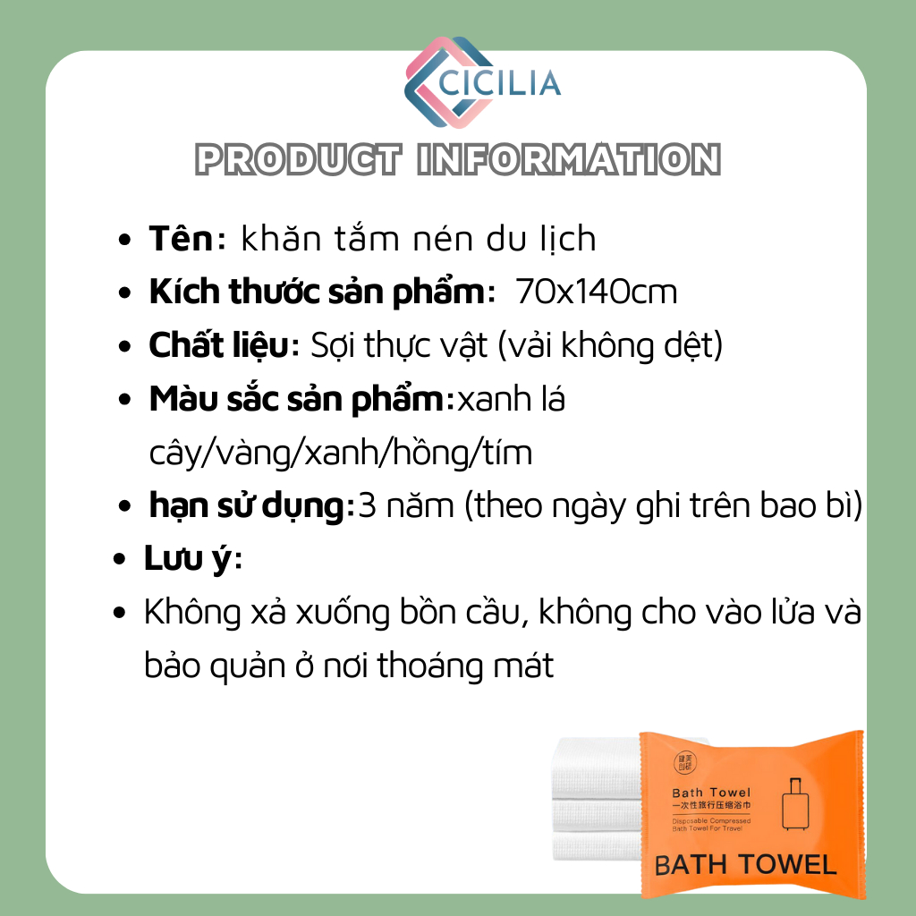 Khăn Tắm Nén Du Lịch CICILIA 70x140cm Dùng 1 Lần Cotton Tiện Lợi- Khăn Tắm Nén Khách Sạn CI-076