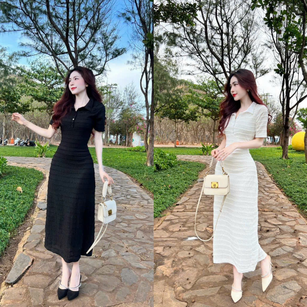 Đầm váy nữ maxi ren 2 lớp cổ bẻ tay ngắn đính nút cổ với 2 tone màu đơn sắc sang chảnh dành cho các tình yêu dự tiệc