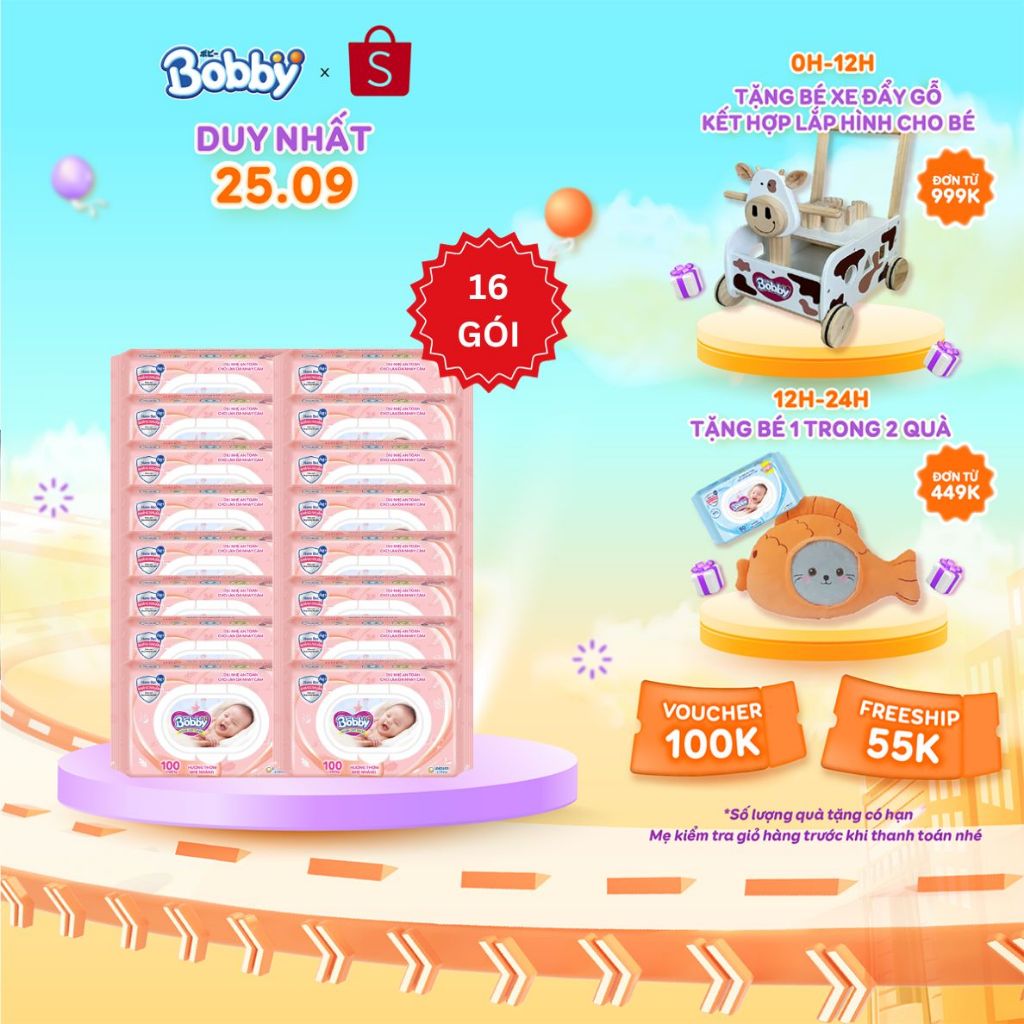 Thùng 16 Gói Khăn ướt Bobby Care hương thơm nhẹ nhàng 100 miếng/gói (Hồng)