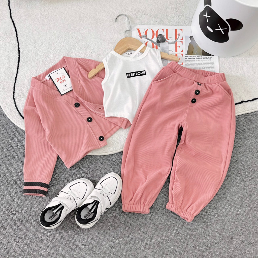 Bộ Thu Đông 3 Chi Tiết Cho Bé Gái WOWKIDS, Set 3 Chi Tiết Dài Tay Kèm Áo Sát Nách Cho Bé Gái Chất Len Tăm Mềm Mại