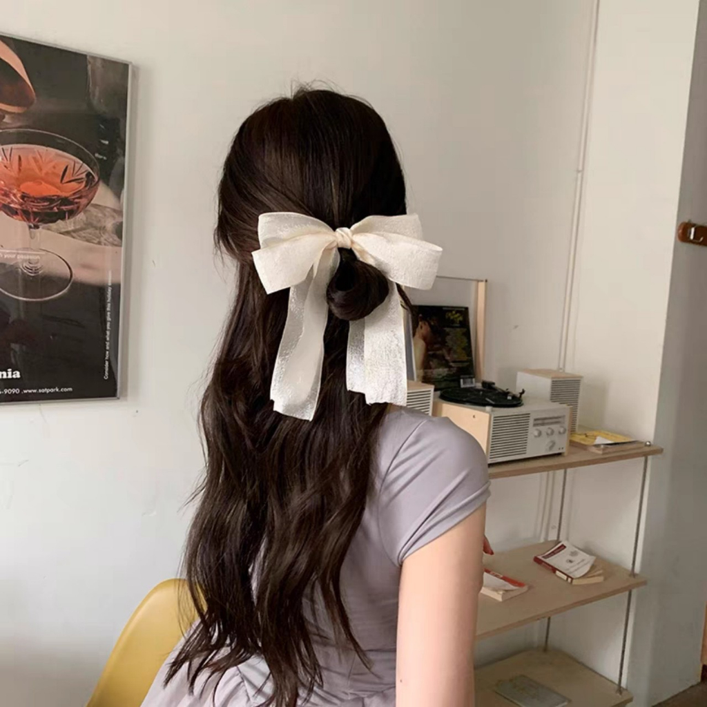 Kẹp Tóc Nơ Tiểu Thư Vải Thô Đũi Xốp Đuôi Dài Vintage Phong Cách Hàn Quốc Tinh Tế Thời Trang Hot Trend - KẸP BẤM