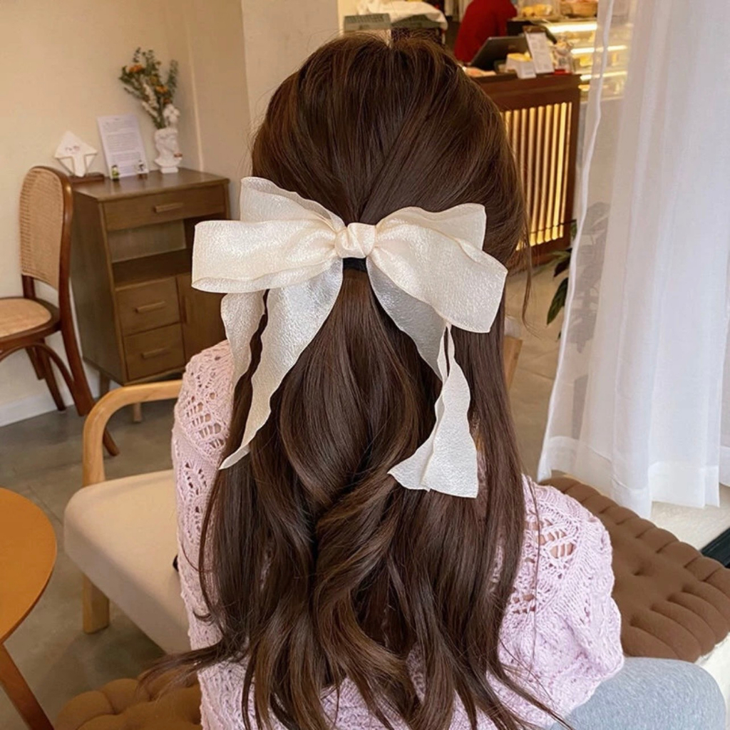 Kẹp Tóc Nơ Tiểu Thư Vải Thô Đũi Xốp Đuôi Dài Vintage Phong Cách Hàn Quốc Tinh Tế Thời Trang Hot Trend - KẸP BẤM