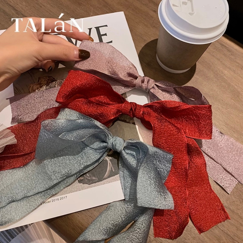 Kẹp Tóc Nơ Tiểu Thư Vải Thô Đũi Xốp Đuôi Dài Vintage Phong Cách Hàn Quốc Tinh Tế Thời Trang Hot Trend - KẸP BẤM