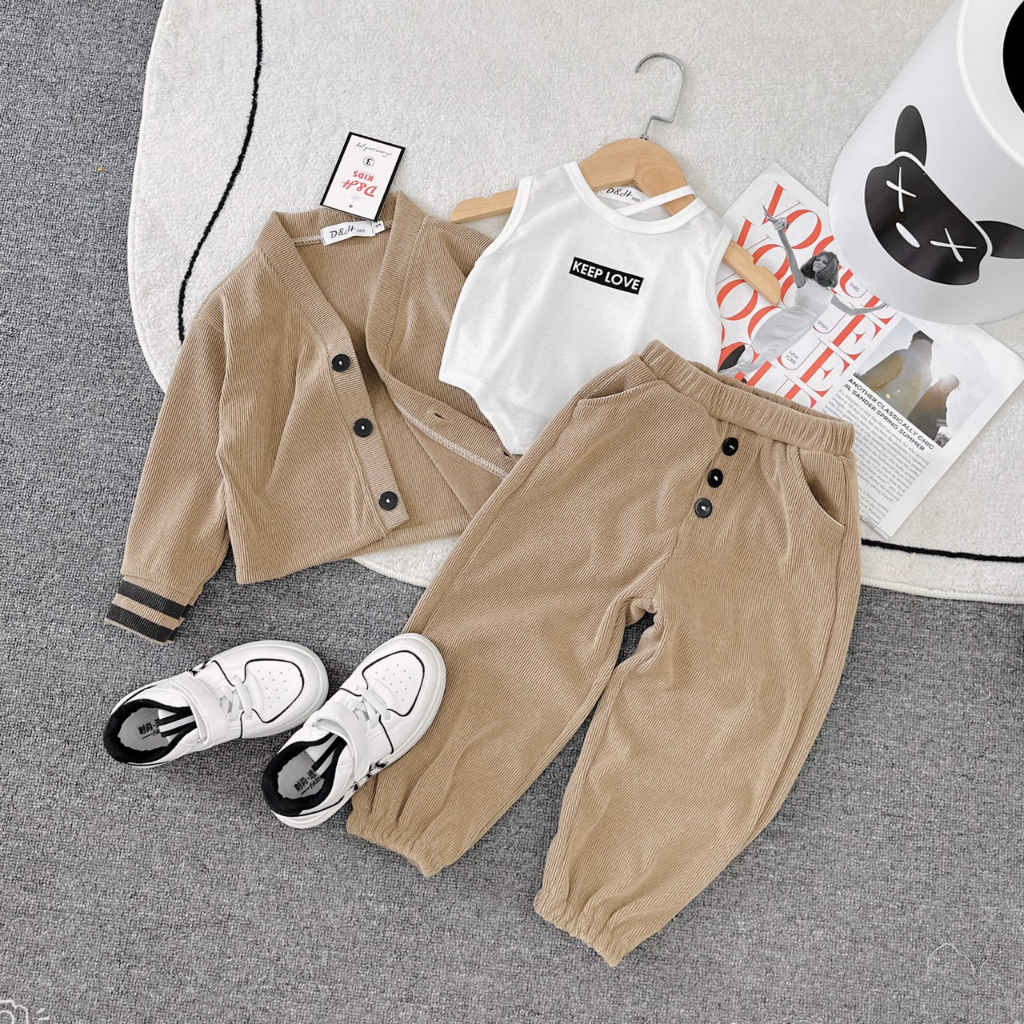 Bộ Thu Đông 3 Chi Tiết Cho Bé Gái WOWKIDS, Set 3 Chi Tiết Dài Tay Kèm Áo Sát Nách Cho Bé Gái Chất Len Tăm Mềm Mại