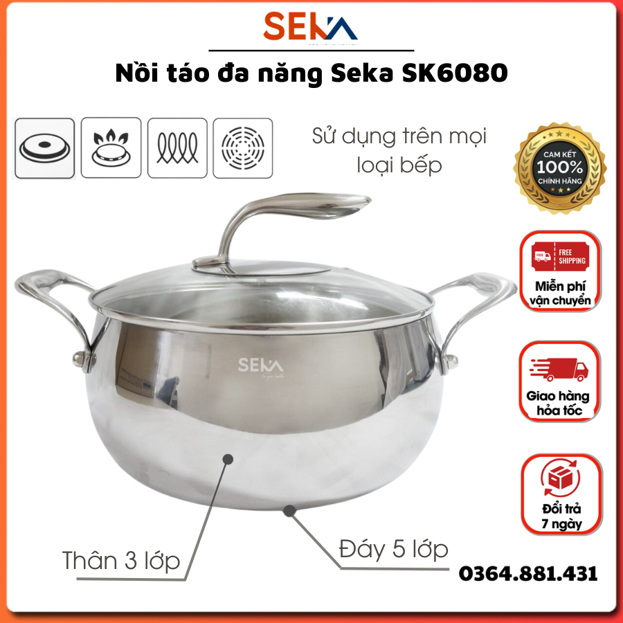 Nồi inox 5 đáy từ Seka SK6080 hình quả táo đa năng nắp kính cao cấp dùng được cho mọi loại bếp, nấu cực nhanh