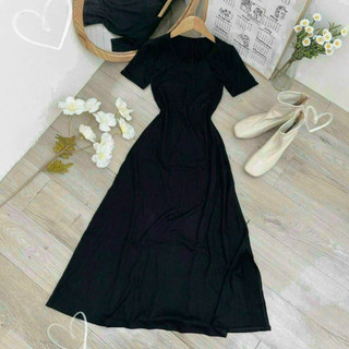 Đầm váy freesize đen cổ tròn basic form dài