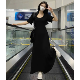 Đầm váy freesize đen cổ tròn basic form dài
