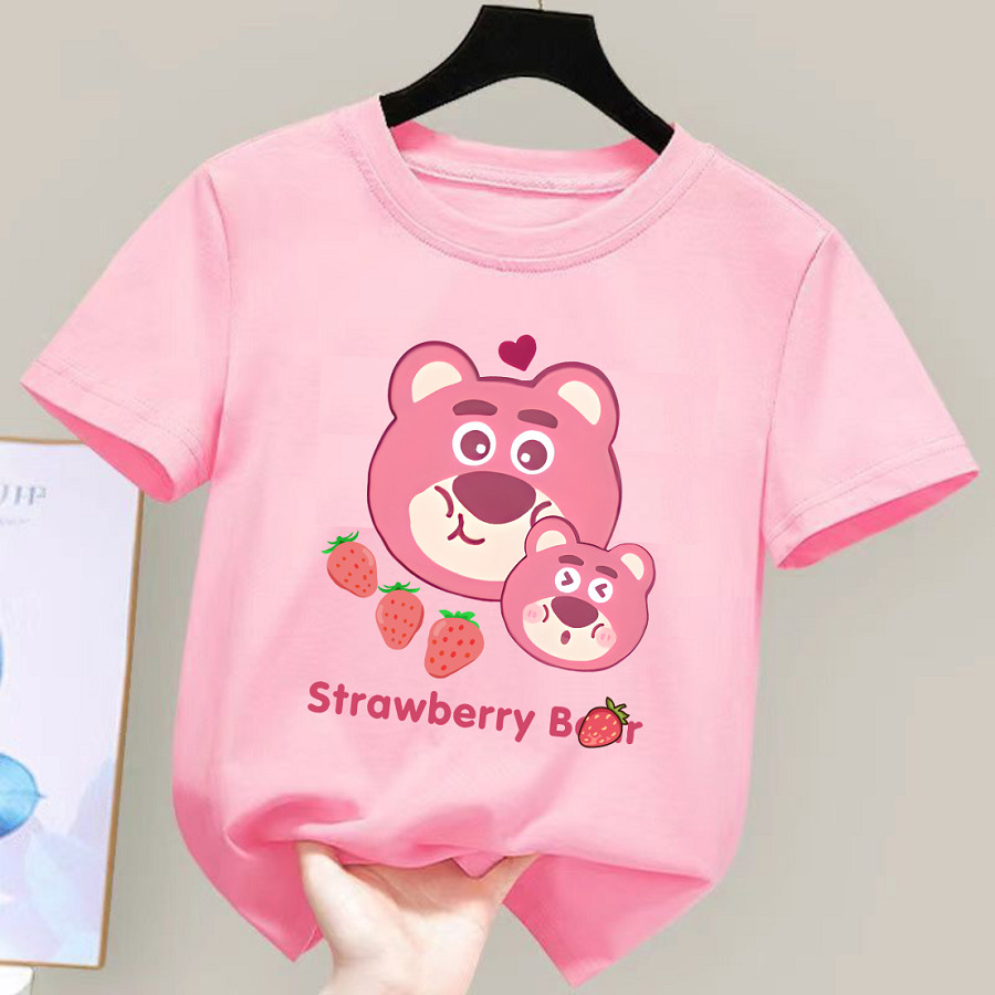 Áo thun màu hồng gấu dâu dễ thương cho bé gái