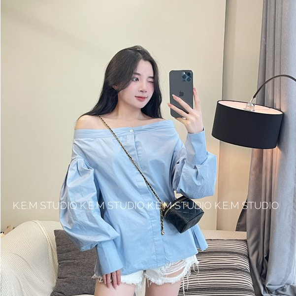 Áo sơ mi nữ áo kiểu trễ vai tay bồng tiểu thư chất thô đẹp xinh xắn bánh bèo PANOSI - A822