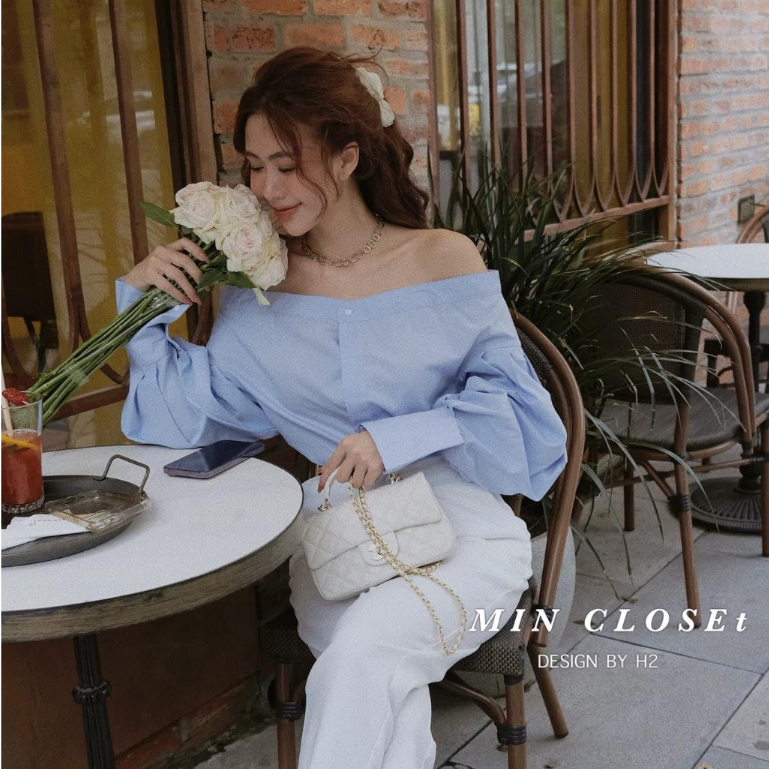 Áo sơ mi nữ áo kiểu trễ vai tay bồng tiểu thư chất thô đẹp xinh xắn bánh bèo PANOSI - A822