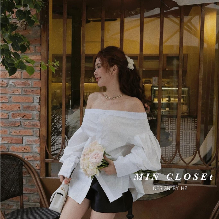 Áo sơ mi nữ áo kiểu trễ vai tay bồng tiểu thư chất thô đẹp xinh xắn bánh bèo PANOSI - A822