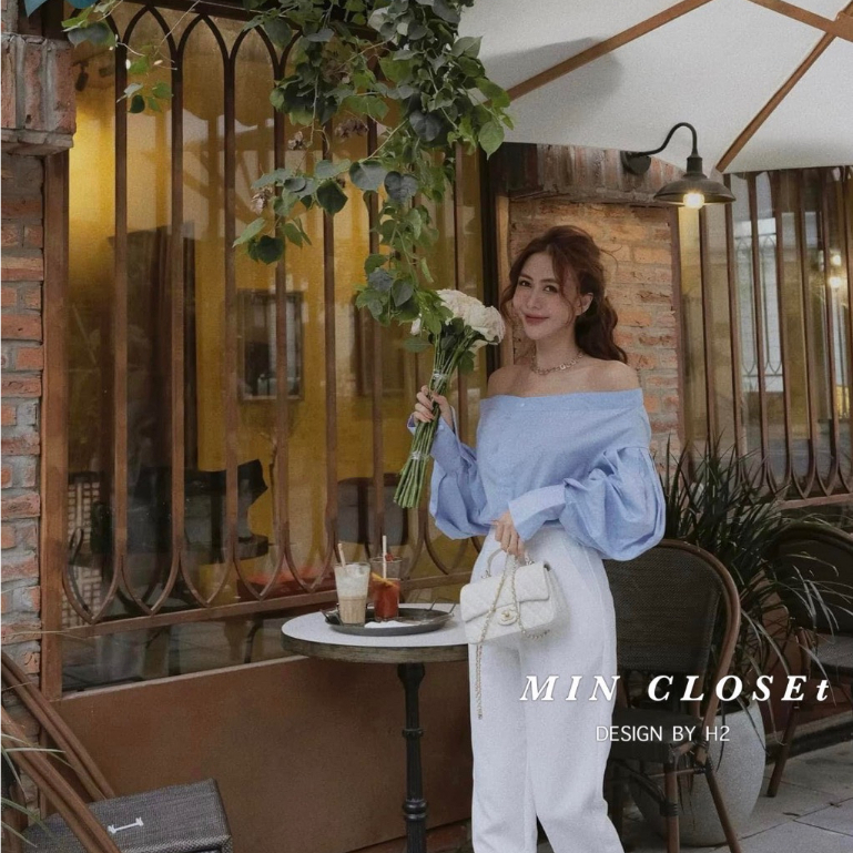 Áo sơ mi nữ áo kiểu trễ vai tay bồng tiểu thư chất thô đẹp xinh xắn bánh bèo PANOSI - A822