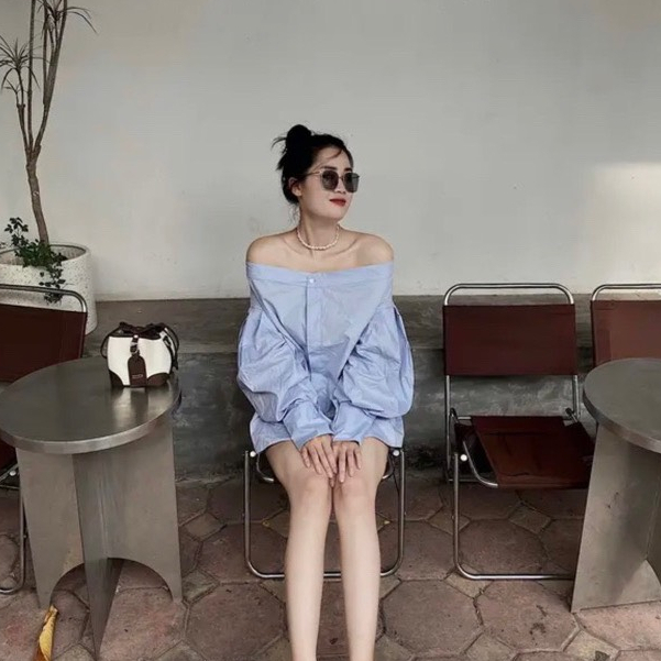 Áo sơ mi nữ áo kiểu trễ vai tay bồng tiểu thư chất thô đẹp xinh xắn bánh bèo PANOSI - A822
