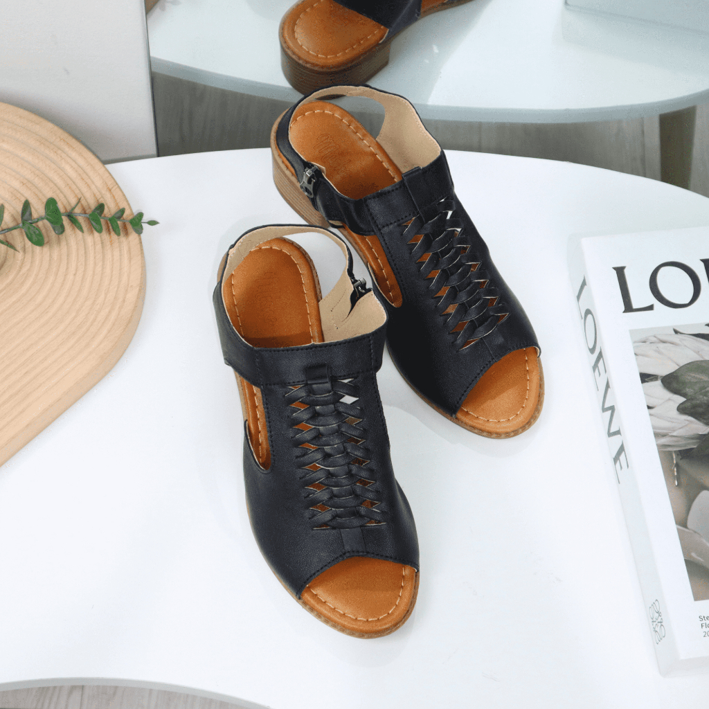 Giày sandal nữ da thật êm mềm ôm chân khoét độc đáo đế cao 3cm Misho 1073
