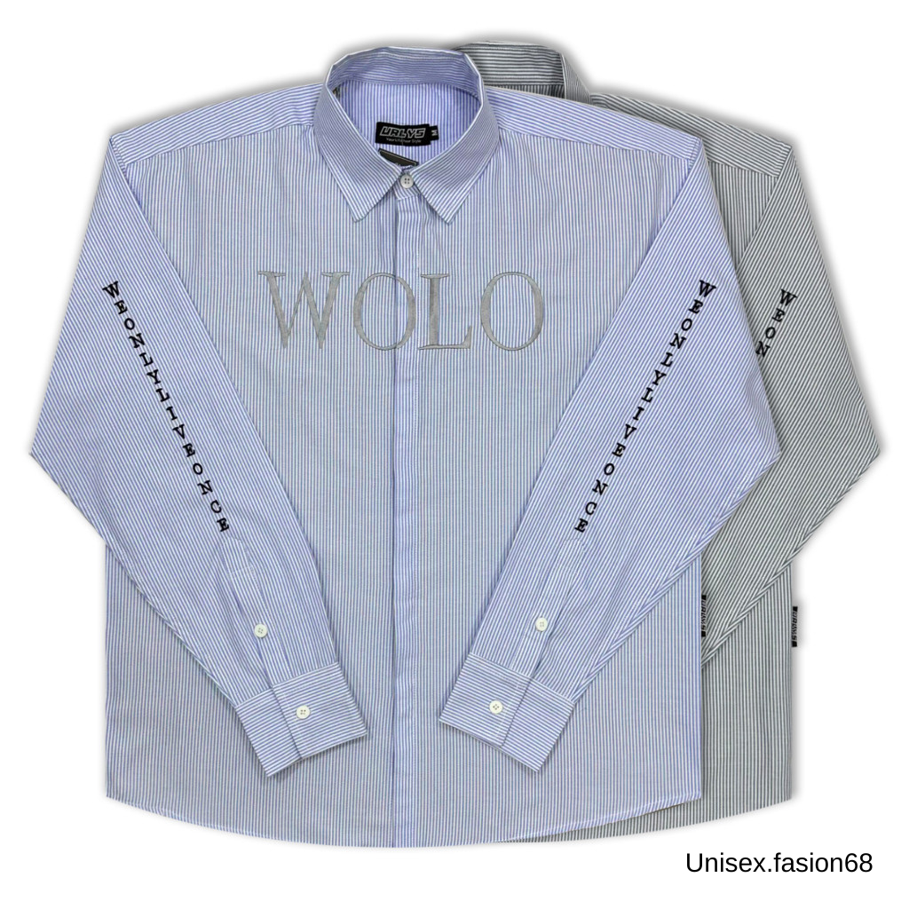 Áo sơ mi, áo sơ mi WOLO kẻ sọc xanh chữ thêu form unisex hàn quốc nam nữ
