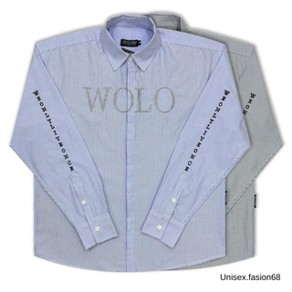 Áo sơ mi, áo sơ mi WOLO kẻ sọc xanh chữ thêu form unisex hàn quốc nam nữ